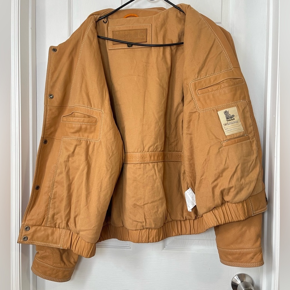 Timberland Tan Leather Vintage Logo Bomber Jacket XXL - Picture 6 of 11